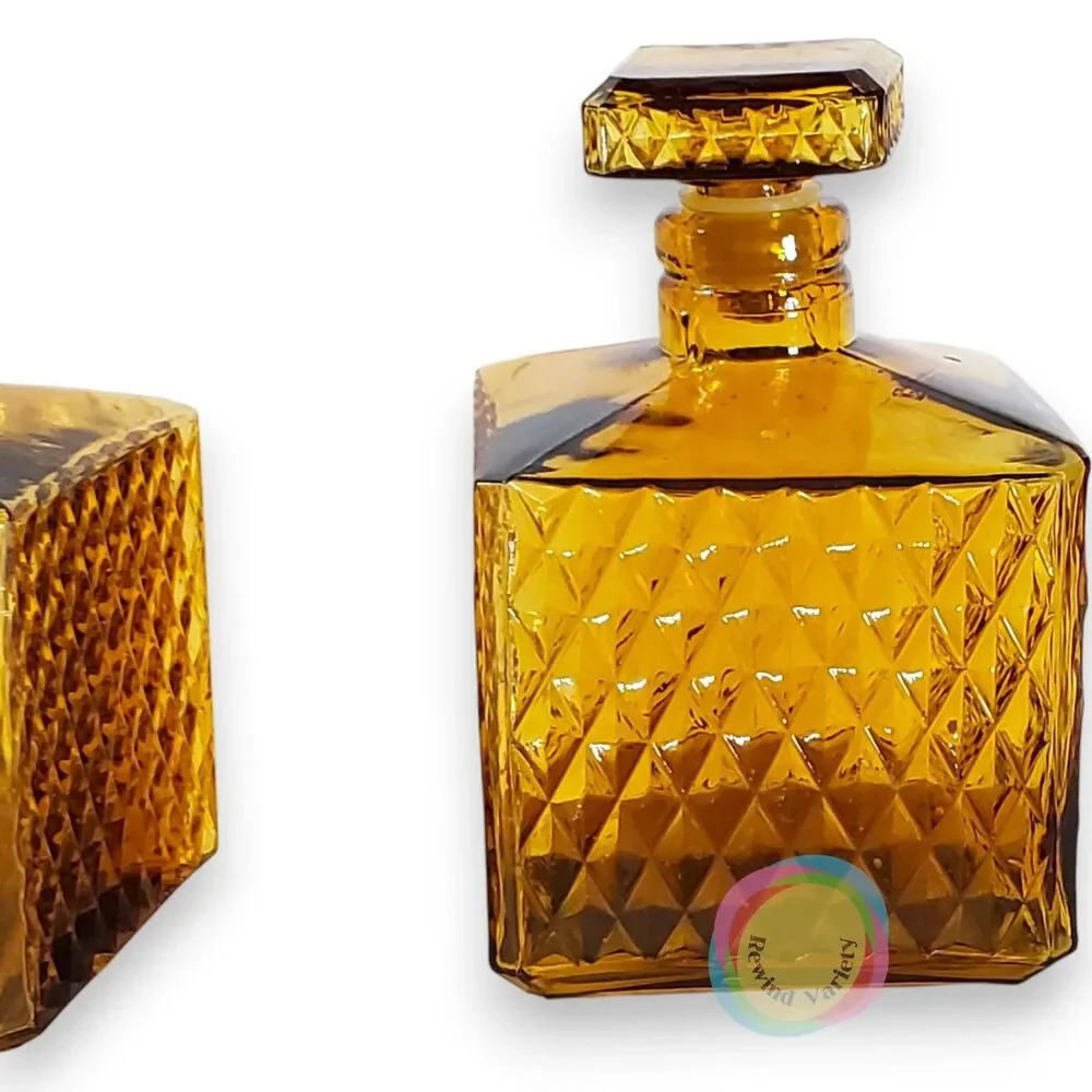 Vintage Mid Century Amber Glass Diamond Decanter Set Taiwan